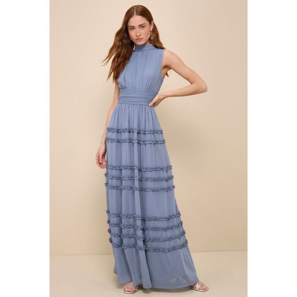 Lulus Enchantingly Sweet Slate Blue Chiffon Backless Maxi Dress - Size S